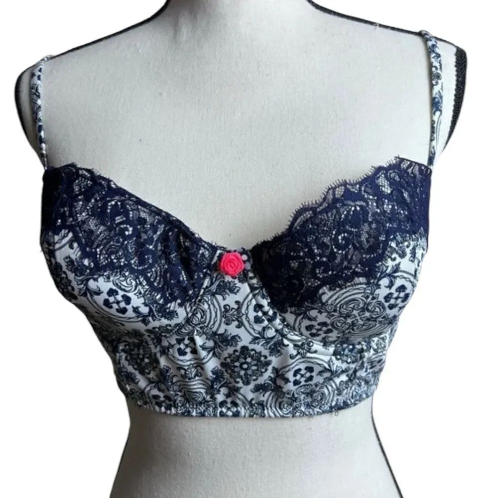 E by Eloise x Anthropologie Corset Bra, Blue & White 32B